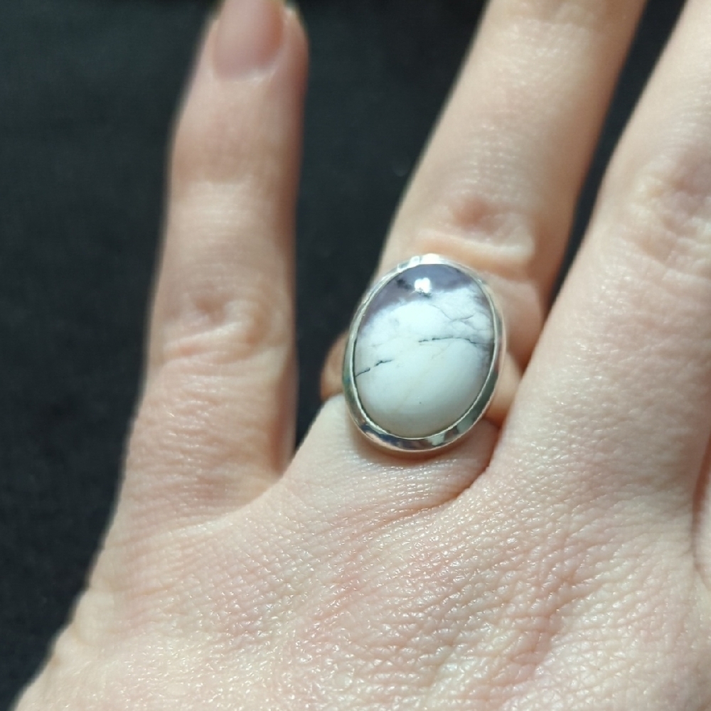 Sterling Silver White and Grey Dendritic Opal Gemstone Oval Statement Ring - 8